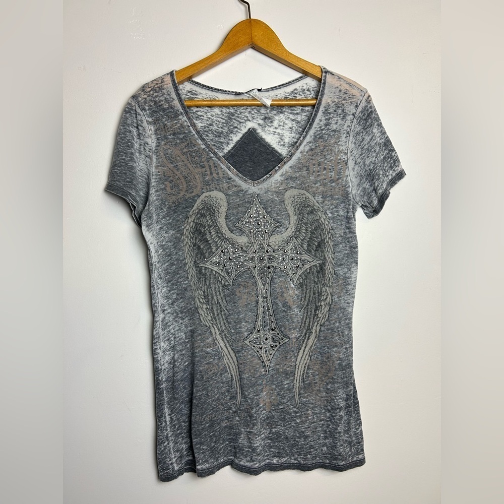 VTG goth Cotty on Top Blouse XL  Lightweight Skater Whimsigoth Cross Angel Beade